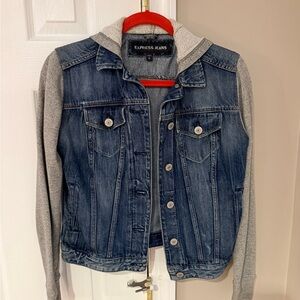 Express Blue Denim Jacket with Gray sweatshirt Sleeves